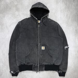 Vintage Thrashed Carhartt JQ1005 Faded Black Hooded Jacket Size Large